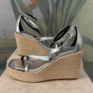 DKNY Metallic Silver Espadrille Wedge Sandals, size 6, NWOT